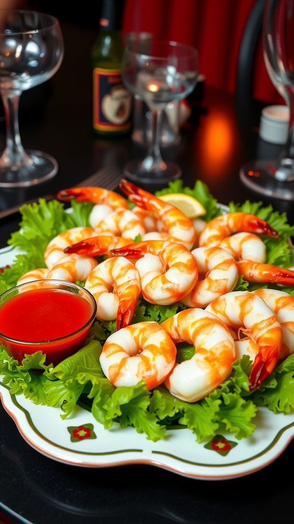 Classic shrimp cocktail on a platter with cocktail sauce and lemon wedges, set in a retro 1960s style.